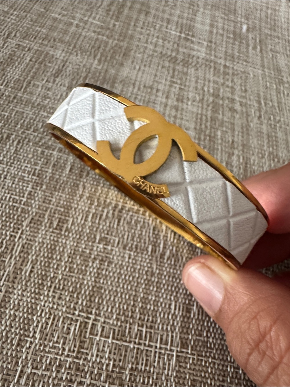 White Quilted style Bangle with Gold Logo Accent